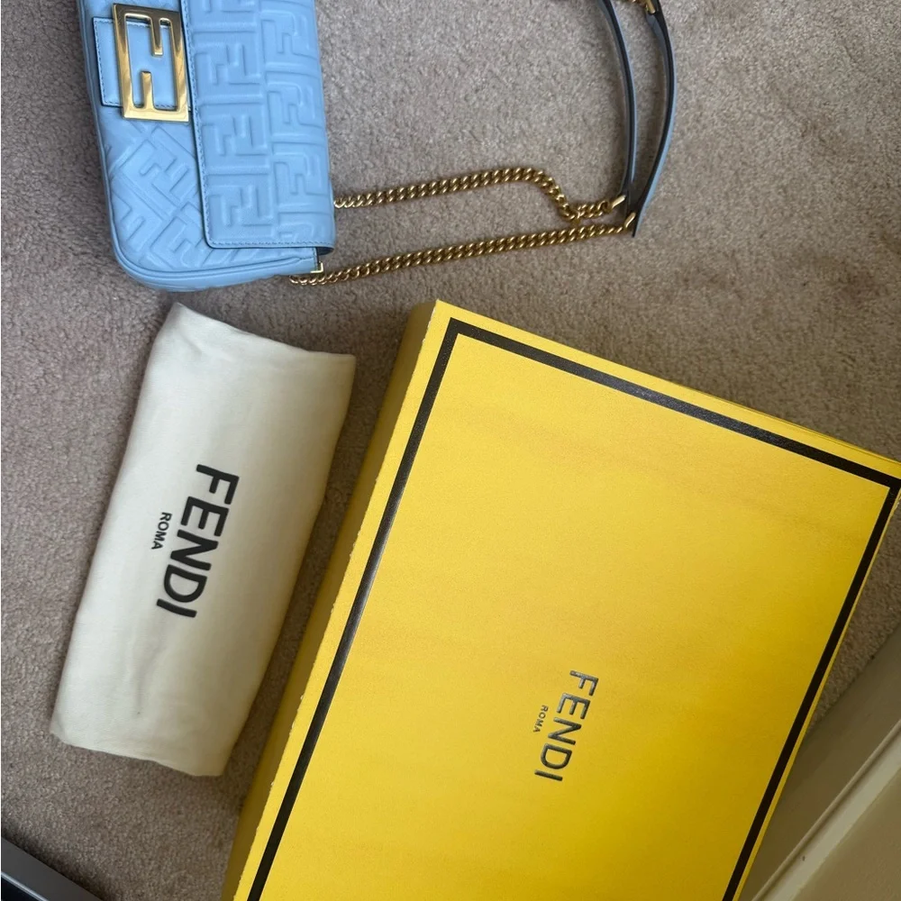 Fendi Light Blue Lambskin Zucca Baguette Gold Chain with Gold Hardware Full Set - Picture 2 of 16